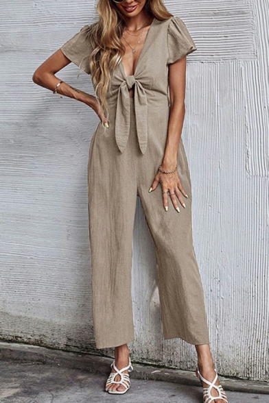Casual Womens Jumpsuits Plain V-Neck Short Sleeve Bow Pleated Wide Leg Jumpsuits