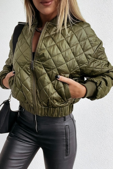 Chic Ladies Jacket Plain Stand Collar Zip Fly Long Sleeve Quilted Jackets