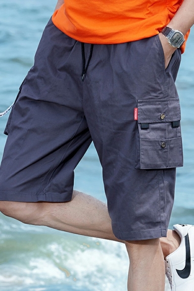Classic Mens Shorts Plain Drawstring Waist Mid Rise Flap Pockets Cargo Shorts