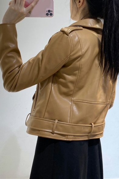 Creative Womens PU Jacket Notched Lapel Collar Pure Color Leather Jacket with Belt