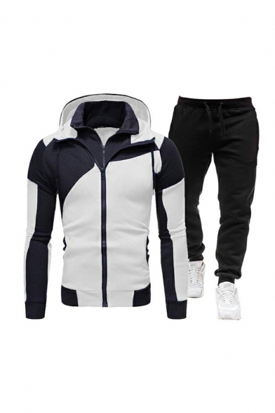 Elegant Co-ords Contrast Color Long Sleeves Hooded Hoodie with Drawcord Pants Set for Men