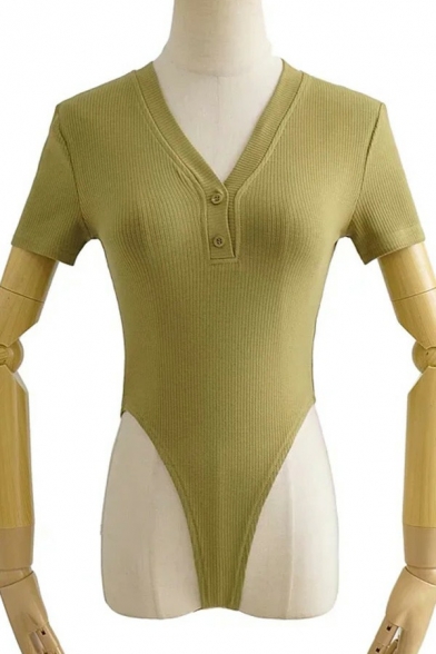 Fancy Womens Ribbed Bodysuit Plain V Neck Button Detail Short Sleeve Slim Fitted Bodysuit