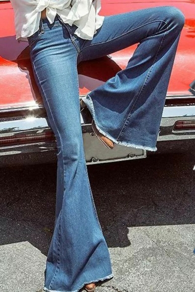 Girls Chic Jeans Plain Full Length Pocket Slimming High Waist Zipper Flare Jeans