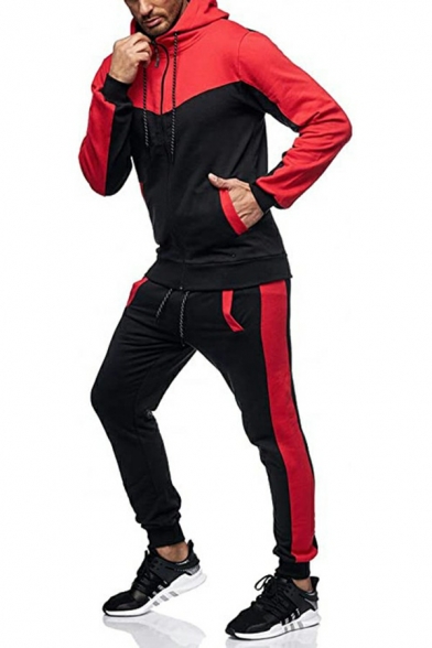 Sporty Mens Co-ords Color Block Drawstring Zipper Fly Long Sleeve Hoodie with Sweatpants Two Piece Set