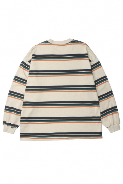 Stylish Guys Sweatshirt Stripe Print Round Neck Long Sleeve Loose Fit Sweatshirt