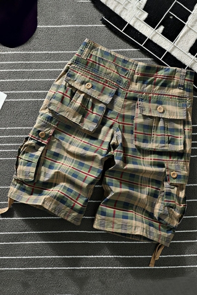 Trendy Mens Cargo Shorts Stripe Print Button Placket Mid Rise Straight Fit Cargo Shorts with Pocket
