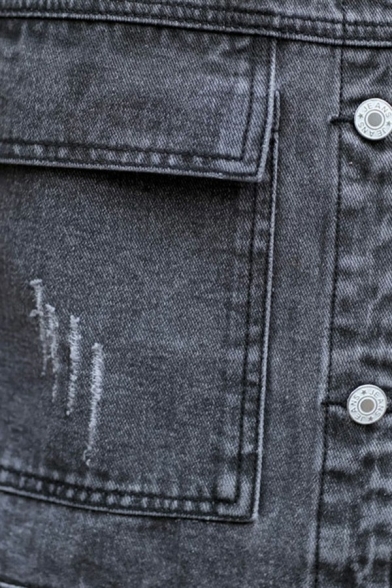 Trendy Womens Ripped Denim Vest Spread Collar Flap Pockets Button Up Regular Fit Vest