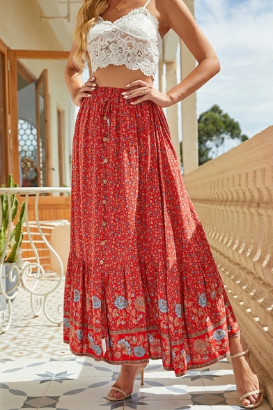 Tribal Womens A-Line Skirt Elastic Waist Floral Pattern Split Detail Maxi Skirt with Button