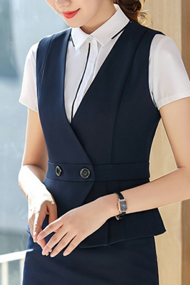 Unique Suit Vest Solid Color V Neck Double Button Suit Vest for Women
