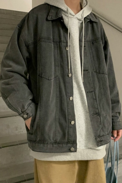 Vintage Guys Denim Jacket Plain Button Closure Pocket Detail Spread Collar Loose Fit Denim Jacket