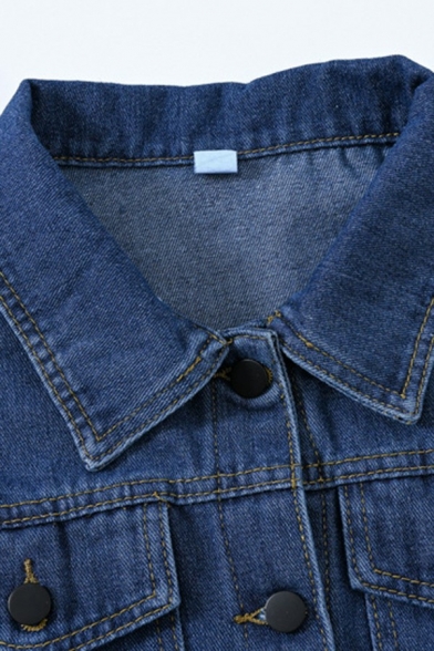 Women Elegant Plain Jacket Chest Pocket Spread Collar Relaxed Long Sleeves Denim Jacket