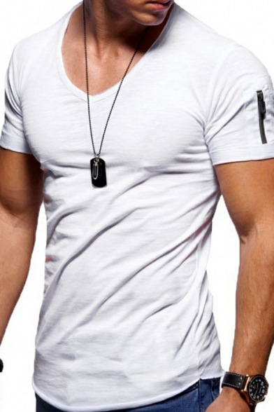 Cool Mens T-Shirt Plain V-Neck Short Sleeve Zipper Pocket Oversized T-Shirt