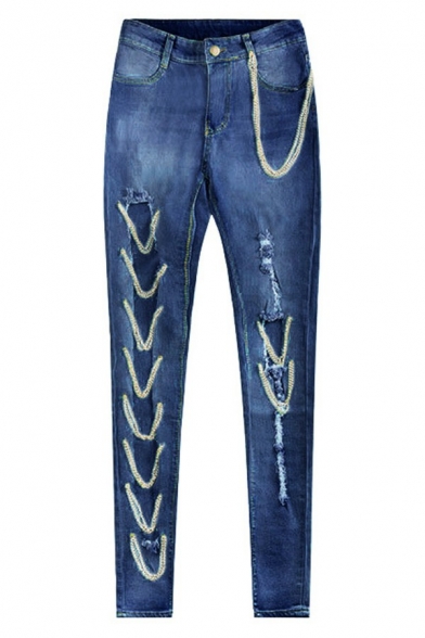 Hot Womens Jeans Hollow Out Chain Decorated High Rise Slim Fit Jeans with Washing Effect