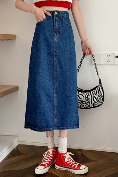 Ladies Creative Skirt Whole Colored Zipper Midi Length Mid Rise Pocket Denim Skirt