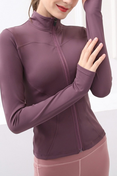Leisure Ladies Jacket Plain Stand Collar Zipper Fly Long Sleeve Workout Jacket