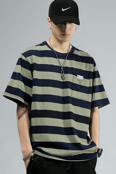 Leisure T-Shirt Striped Print Chest Pocket Round Neck Short Sleeve T-Shirt for Men