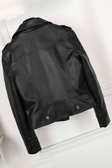 Modern Plain Leather Jacket Notched Lapel Collar Zipper Up PU Jacket for Women