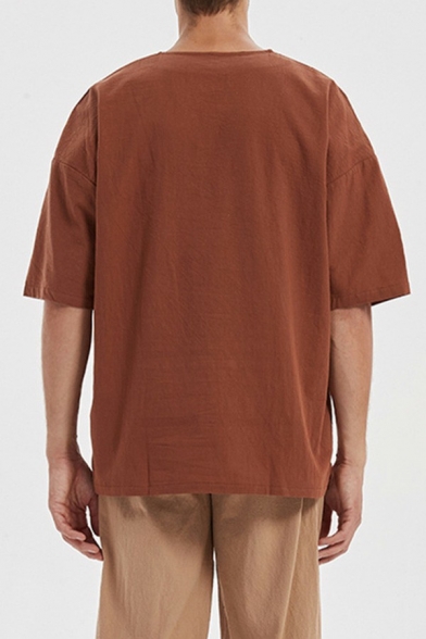 Retro Mens Plain Shirt Lace up Design Half Sleeve Regular Fitted Shirt