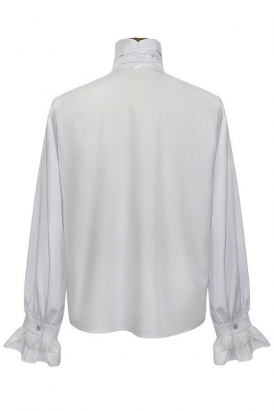 Retro Mens Shirt Plain Long Sleeve Button Closure Stand Collar Ruffle Tie Regular Fit Shirt in White