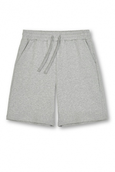 Sporty Mens Shorts Solid Drawstring Waist Mid Rise Side Pockets Sweat Shorts