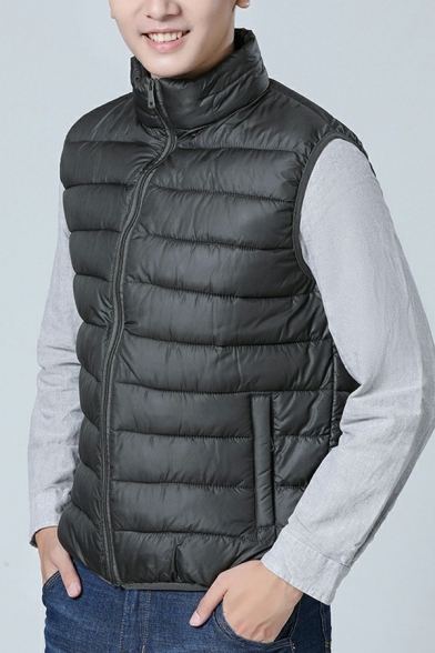 Street Look Guy's Vest Pure Color Pocket Stand Collar Regular Zip Up Sleeveless Vest