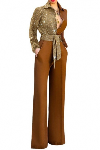 Stylish Ladies Jumpsuits Sequined Patchwork Tied Waist Spread Collar Long Sleeve Jumpsuits