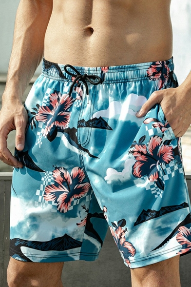 Summer Style Mens Short Leaves Printed Drawstring Waist Mid Rise Quick Dry Swim Trunks