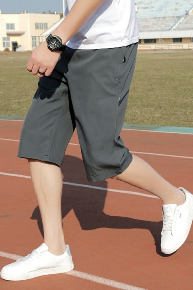 Classic Mens Shorts Plain Elastic Waist High Rise Zipper Pockets Active Shorts