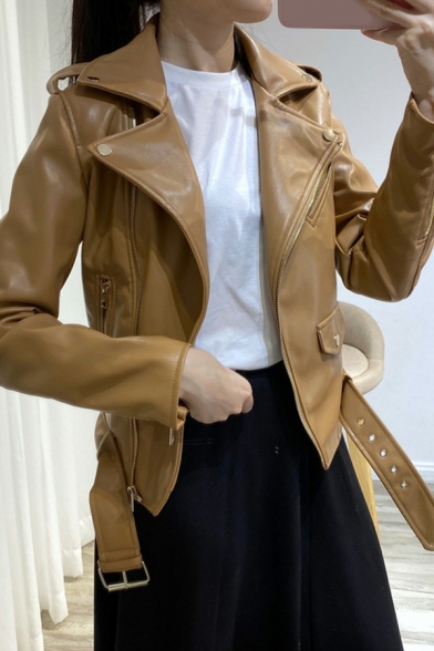 Creative Womens PU Jacket Notched Lapel Collar Pure Color Leather Jacket with Belt