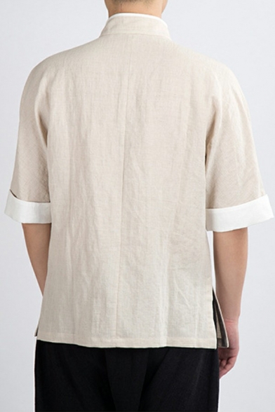 Fashionable Mens Shirt Solid Stand Collar Regular Half-Sleeved Button Closure Shirt
