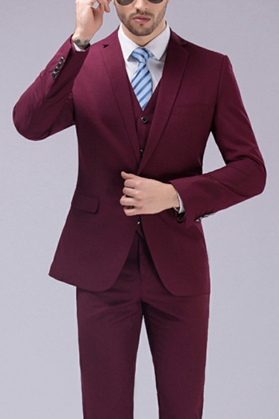 Men Basic Suit Set Plain Lapel Collar Single Breasted Pocket Detail Blazer and Pants Set
