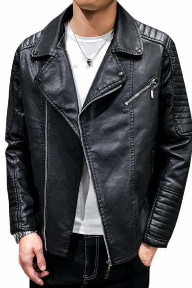 Mens Cool Jacket Pure Color Long-Sleeved Lapel Collar Regular Zip Placket Leather Jacket