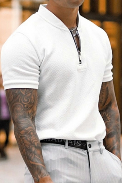 Modern T-Shirt Pure Color Short Sleeve Stand Collar Zip Detail Regular Fit T-Shirt for Men