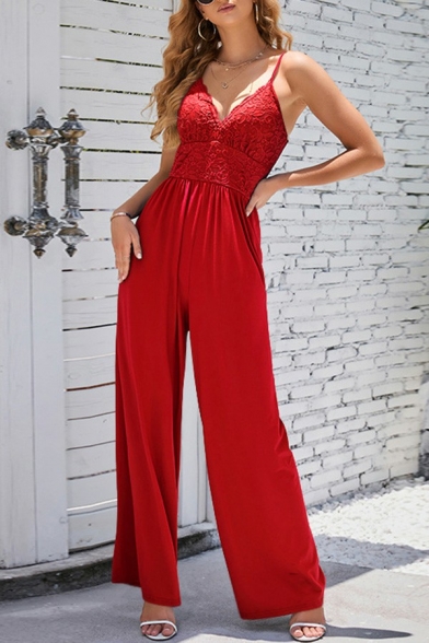 Retro Ladies Jumpsuits Pure Color Spaghetti Straps Full Length Loose Sleeveless Jumpsuits