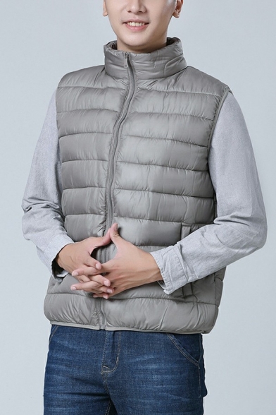 Street Look Guy's Vest Pure Color Pocket Stand Collar Regular Zip Up Sleeveless Vest