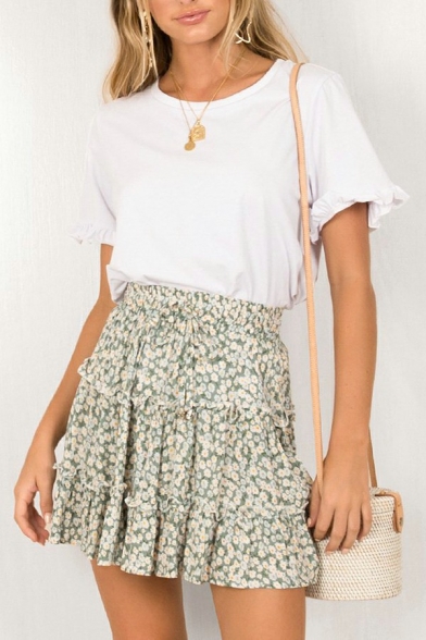 Vintage Womens Skirt Floral Pattern Drawstring Elastic Waist Mini Skirt with Ruffles