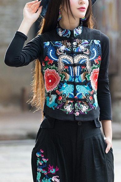 Vintage Womens Vest Flowers Tribal Print Embroidery Buckle Button Cropped Vest