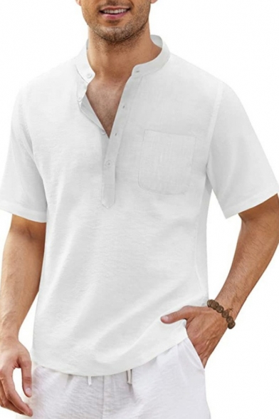 Basic Mens Plain Shirt Button Detail Short Sleeve Chest Pocket Collarless Regular Fitted Shirt
