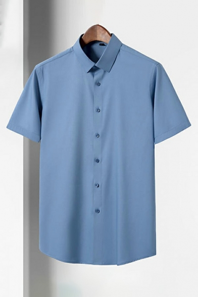 Dashing Shirt Plain Short Sleeves Turn-down Collar Fitted Button Placket Shirt for Men