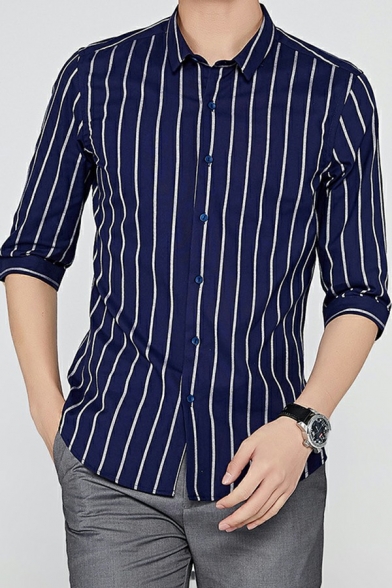 Dashing Shirt Stripe Pattern Button down Turn-down Collar Half Sleeve Slim Shirt for Men