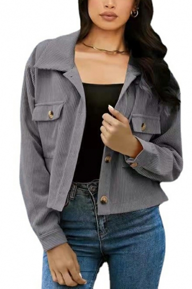 Fashion Ladies Corduroy Jacket Spread Collar Pure Color Single Breasted Jacket with Flap Pockets