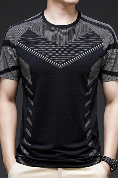 Mens Sporty T-Shirt Geometric Pattern Round Neck Short Sleeve Quick Dry T-Shirt