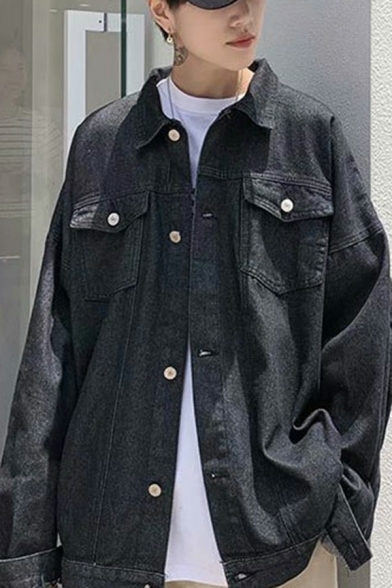 Modern Denim Jacket Plain Button Closure Pocket Detail Spread Collar Loose Fit Denim Jacket for Men