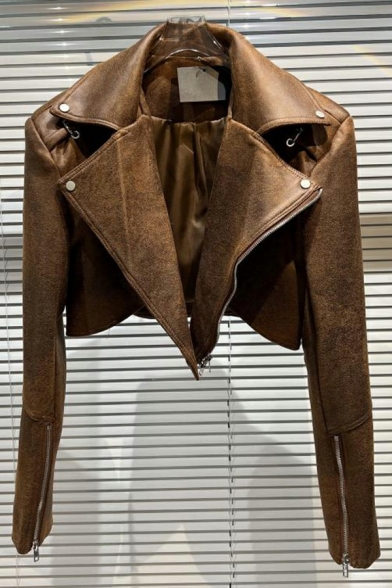 Sexy Plain PU Jacket Notched Lapel Collar Zipper Up Crop Leather Jacket for Women