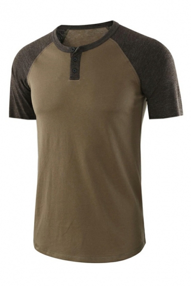 Simple Guys T-Shirt Color Block Henry Neck Short Sleeve T-Shirt