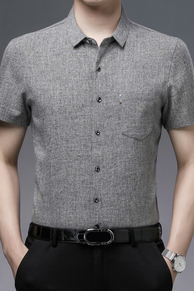 Simple Mens Shirt Heathered Short Sleeves Button Closure Turn-down Collar Shirt with Pocket