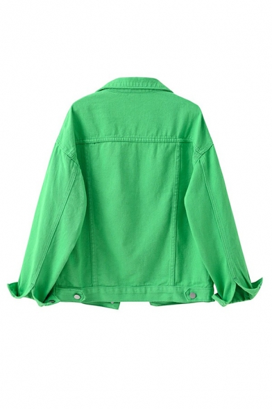 Basic Ladies Denim Jacket Solid Color Button Closure Turn Down Collar Denim Jacket with Flap Pockets