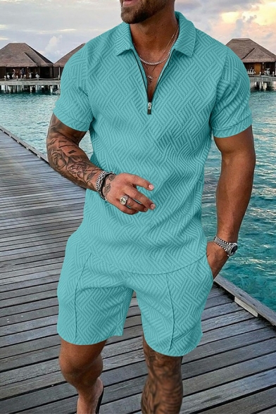 Casual Guys Co-ords Knit Contrast Color 1/4 Zip Short Sleeve Polos with Shorts Two Piece Set
