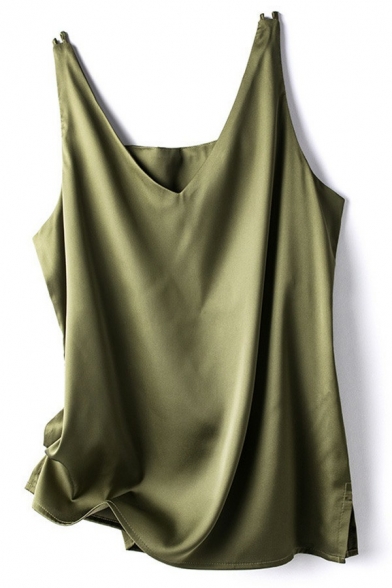 Casual Satin Cami V Neck Solid Color Cami Top for Women