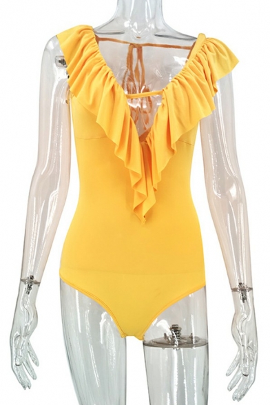 Classic Womens Bodysuit Deep V Neck Hollow Detail Sleeveless Bodysuit with Ruffles